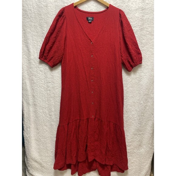 Maeve Anthropologie Scarletta Red Crinkle Gauze Tiered Button Midi Dress Boho S - Picture 2 of 9